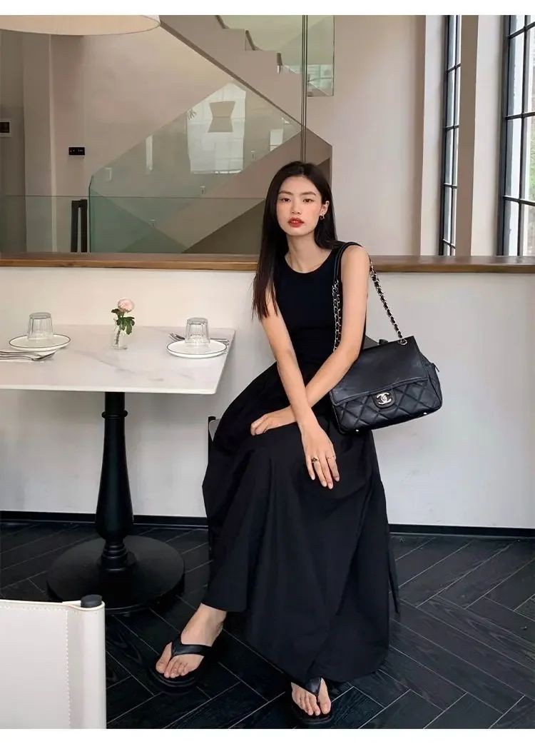 New Vintage Black Tank Top Midi Dress Wedding Dresses for Women Clothing O Neck