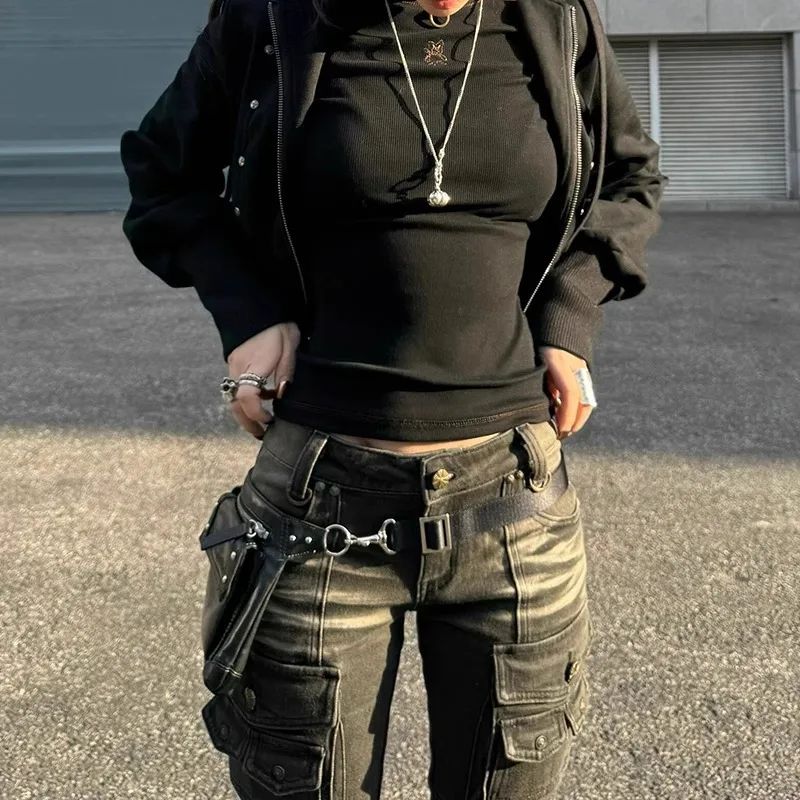 Low Waist Workwear Pants Women's Slimming Floor-Length Bell Bottoms Trendy Y2K Millennium Cargo Trousers Retro American Style