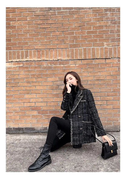 Thickened Cotton Tweed Coat for Women Spring Loose Plaid Outerwear Cozy Style Large Size Patchwork Small Suiting