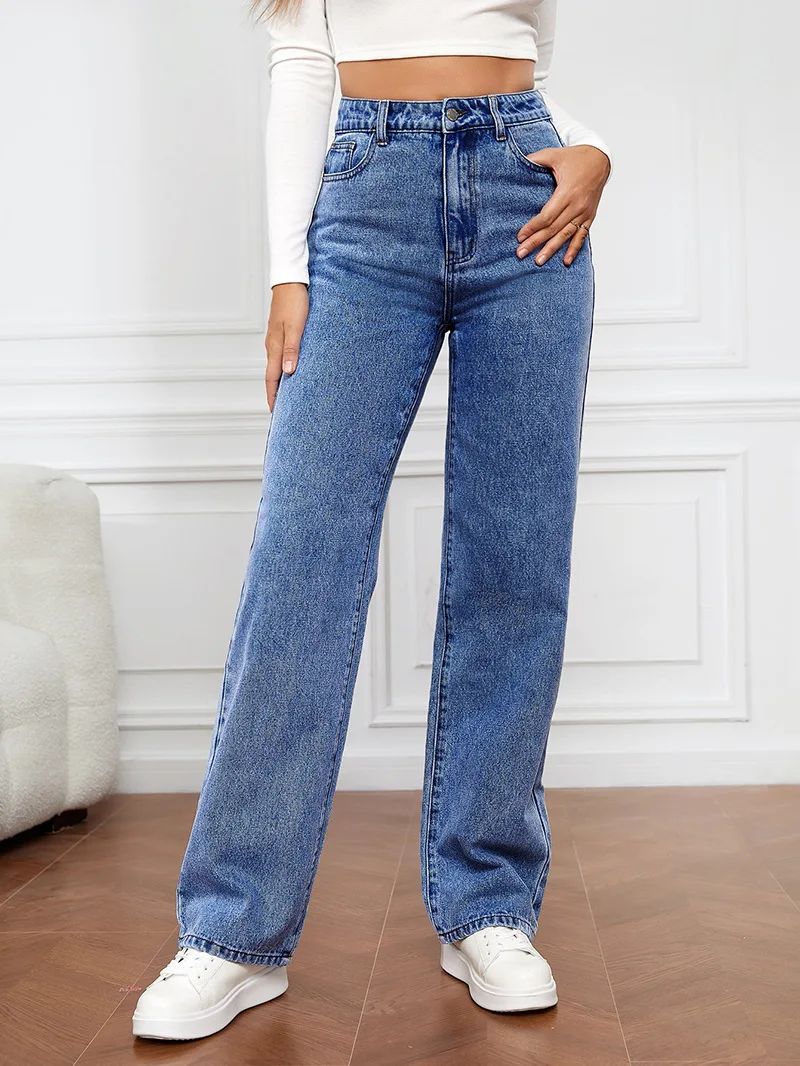 High Waist Straight Leg Jeans for Women New Style Cross-Border High Waist Slim Fit Long Jeans Trendy Women's Denim Pants