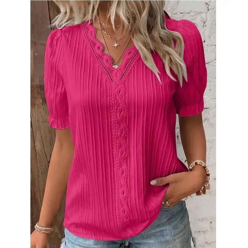 2025 Summer New Women's Blouse Top Solid Sexy V-Neck Hollow Short Sleeve Fashion Splice Plus Size Loose Street Apparel Shirt