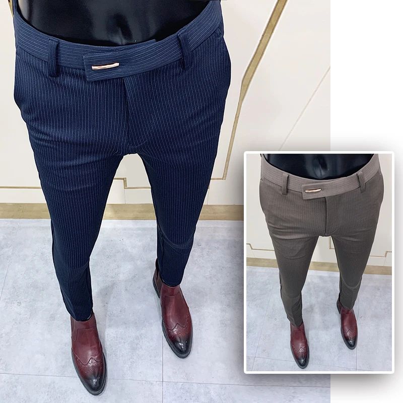 Calça Social Listrada Masculina Slim Fit com Tornozelo Justo Calça Social Masculina para Escritório e Festa Calça Social Masculina para Negócios Slim Fit