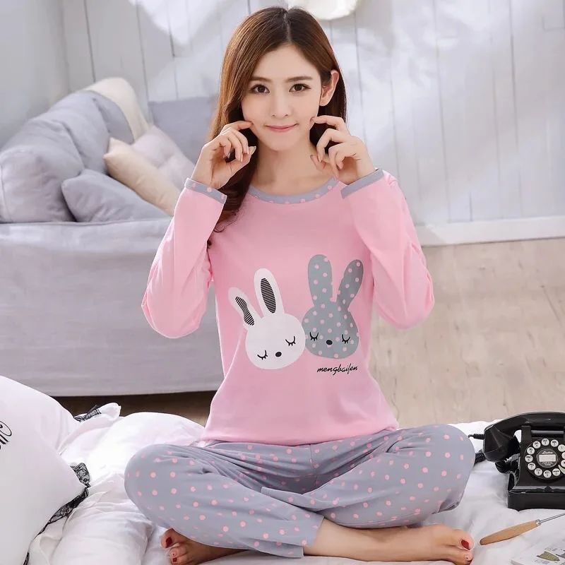 Autumn Thin 2pieces Pyjamas Set Women 2025 Round Neck Girls Bear Pajamas Sets Teacup Cat Full Sleepwear Tops lovers Pajama Mujer