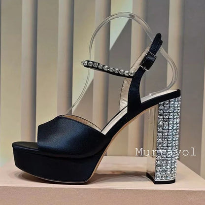 Women Open Toe Rhinestone High Heels Sandals Satin Waterproof Platform Sandalias Summer Party Dress Shoes Pumps Wedding Shoes