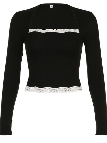 Women Spring Autumn Tops Lace Trim Square Neck Long Sleeve Slim Fit Blouse Gothic Grunge Shirts Y2K Aesthetic Kawaii Clothes
