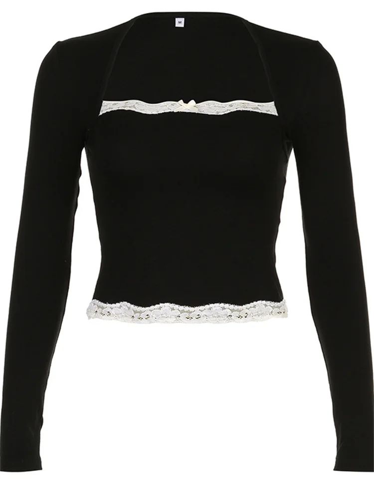 Women Spring Autumn Tops Lace Trim Square Neck Long Sleeve Slim Fit Blouse Gothic Grunge Shirts Y2K Aesthetic Kawaii Clothes