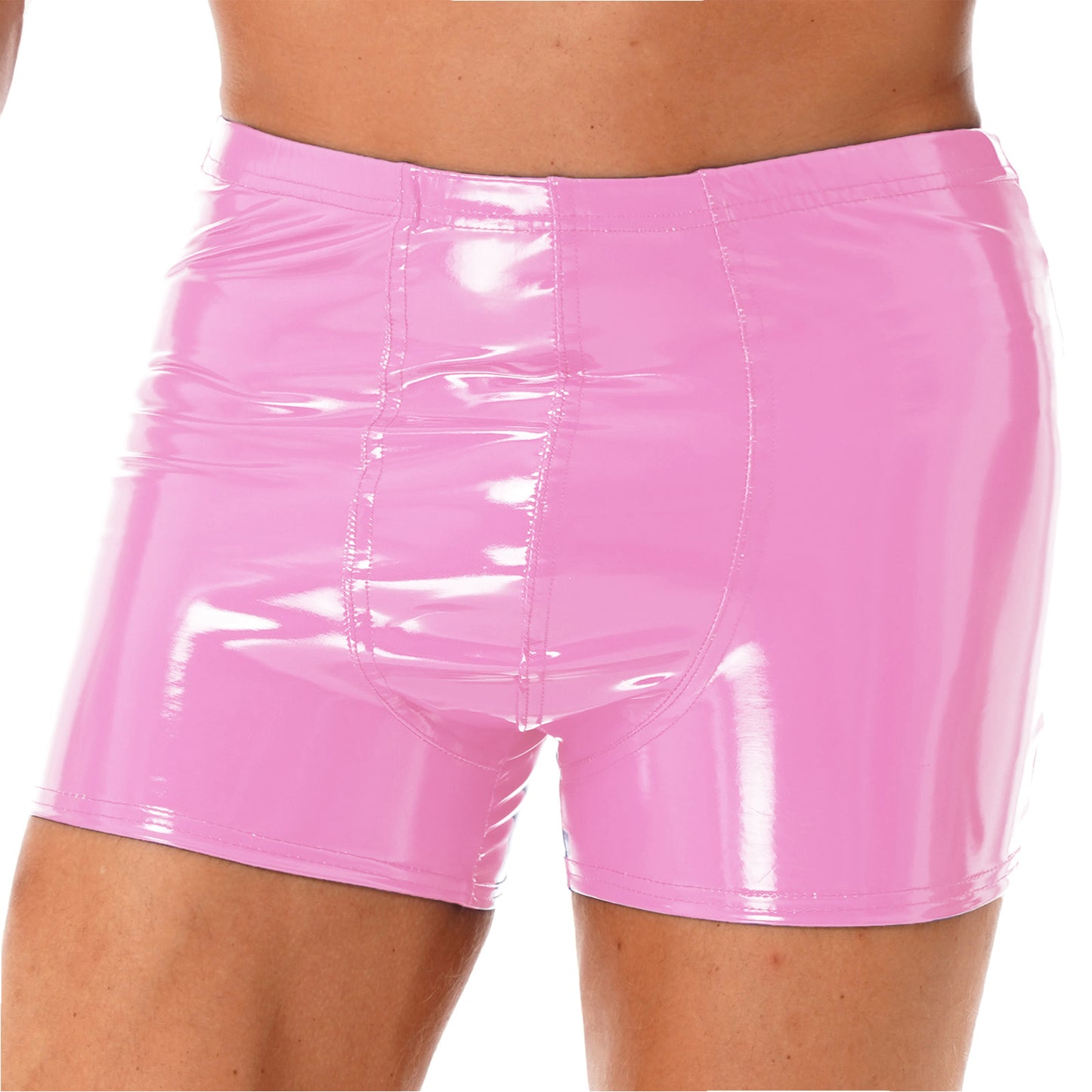 Mens Patent Leather Shorts Dance Performance Clubwear Wet Look Pants Elastic Waistband ShortsBulge Pouch Boxer Briefs Shorts