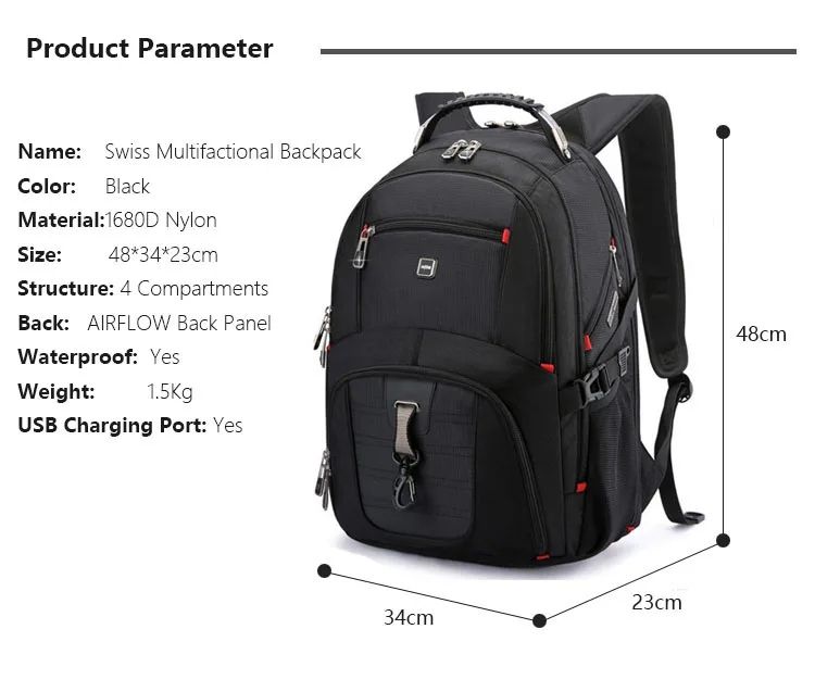 2025 Swiss-Multifunctional bags Durable 17 Inch Laptop Backpack, Travel Bag,College Bookbag,USB Charging Port,Water Resistant