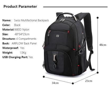2025 Swiss-Multifunctional bags Durable 17 Inch Laptop Backpack, Travel Bag,College Bookbag,USB Charging Port,Water Resistant