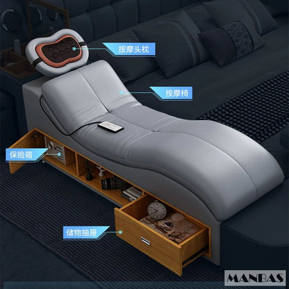 MANBAS Luxury King Size Genuine Leather Bed / Tech Smart Bed / Multifunctional Ultimate Beds / Massage Bed with USB,Projecter