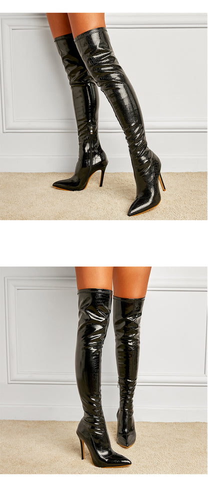 Aneikeh White Sexy Over-the-Knee Side Zipper Slip-On Pointed Toe Shoes NEW Fashion Striped Thin Heels Ladies Boots 2025 Spring