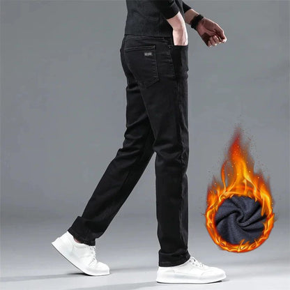 Calça Jeans Masculina Forrada de Lã para Inverno, Reta, Elástica, Preta, de Veludo Grosso, Quente, Casual, Masculina, Tamanhos Grandes