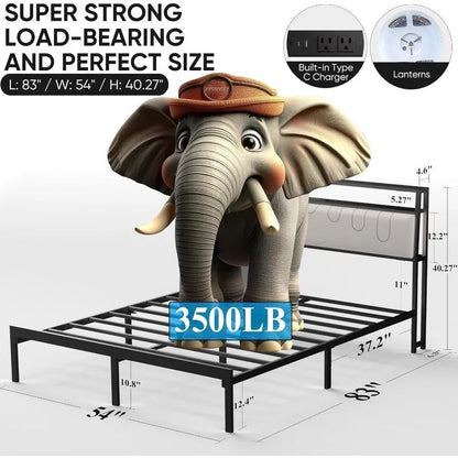 Black Platform Bed Full-Size, Charging Station & LED Lights - Double Storage Headboard for Room