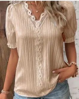 2025 Summer New Women's Blouse Top Solid Sexy V-Neck Hollow Short Sleeve Fashion Splice Plus Size Loose Street Apparel Shirt