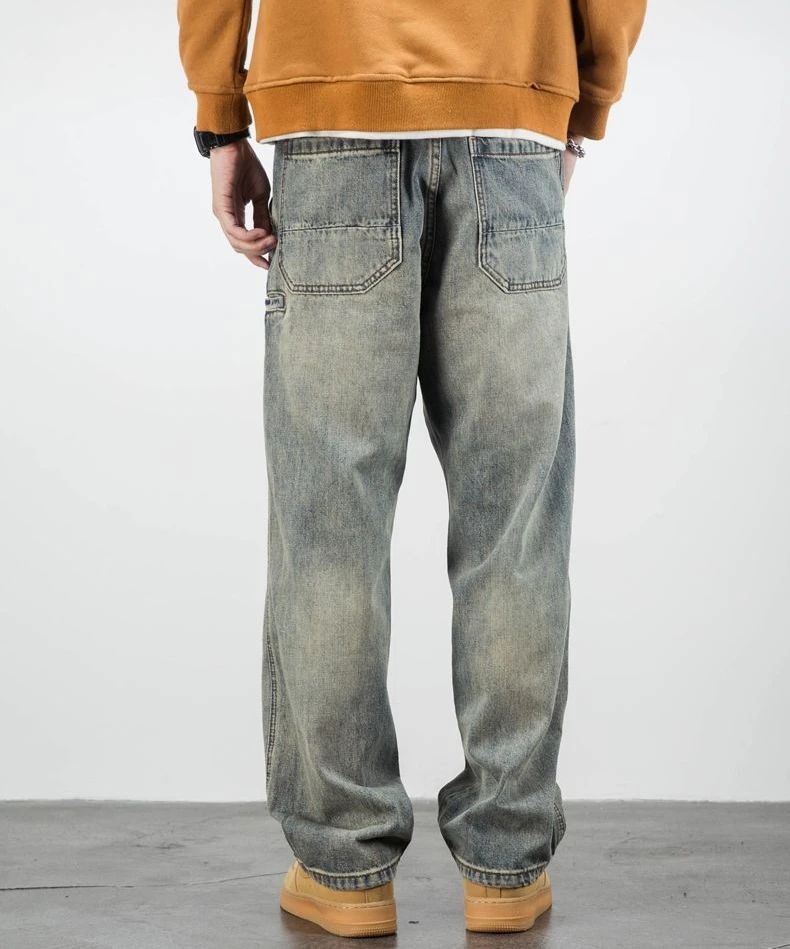 Calça Jeans Masculina Retrô Cargo Reta Cowboy Punk Lavada Grife Luxuosa Tendência 2025 Y2k Vintage Estilo Coreano Larga