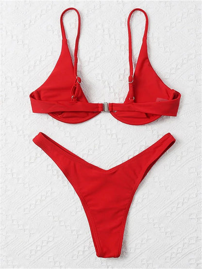 Sexy Underwire Bikini 2025 Mujer Women Solid Red Push Up Bra Thong Swimsuit Haler V Neck Bathing Suit Mini Micro Thong Swimwear