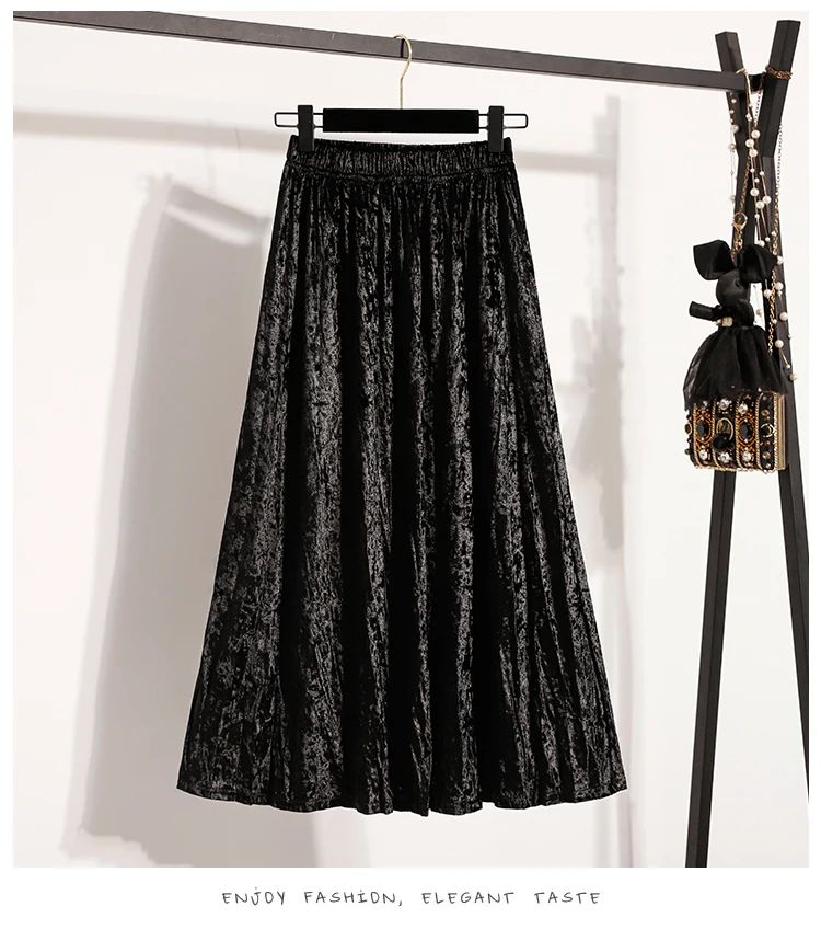 Autumn Winter Girls New A-line Velvet Skirt 2025 Plus Size Gold Velvet Half Pleated Skirt Solid Versatile High Waist Mid Skirt