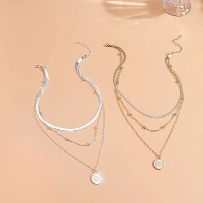 Colar Feminino de Prata Esterlina 925 com Três Camadas, Redondo, Corrente Snake Simples, Charm com Bola, Presente para Festa, Joia Exquisita Feminina