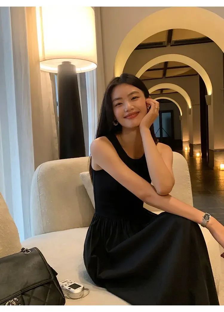 New Vintage Black Tank Top Midi Dress Wedding Dresses for Women Clothing O Neck