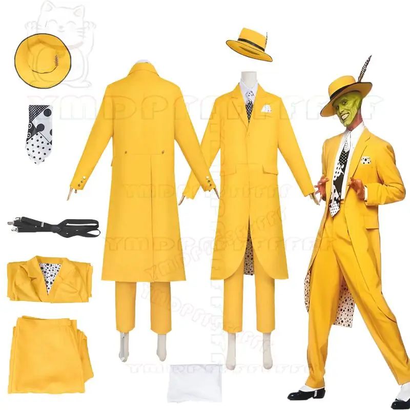 Anime JimCarry Mask Man Yellow Long Suit Cosplay Set Green Face Man Halloween Costume New