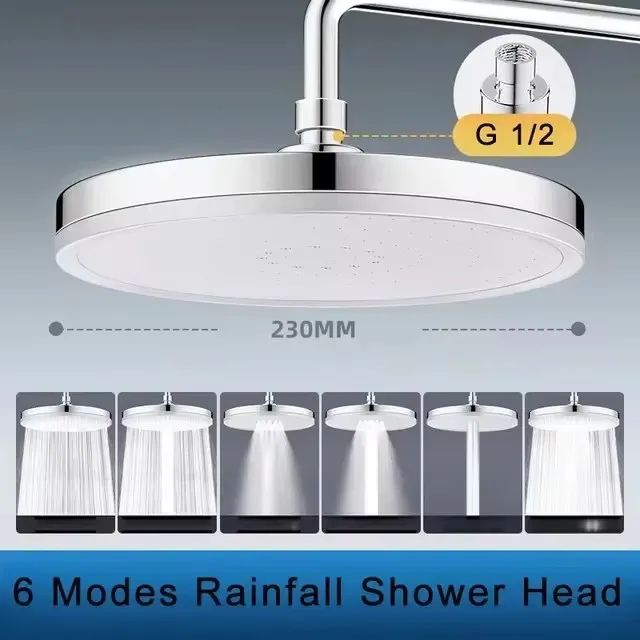 Nova Ducha de Grande Painel de 230mm, 6 Modos, Supercarga, Tipo Chuva, Alta Pressão, Torneira de Chuveiro Superior, Acessórios para Banheiro