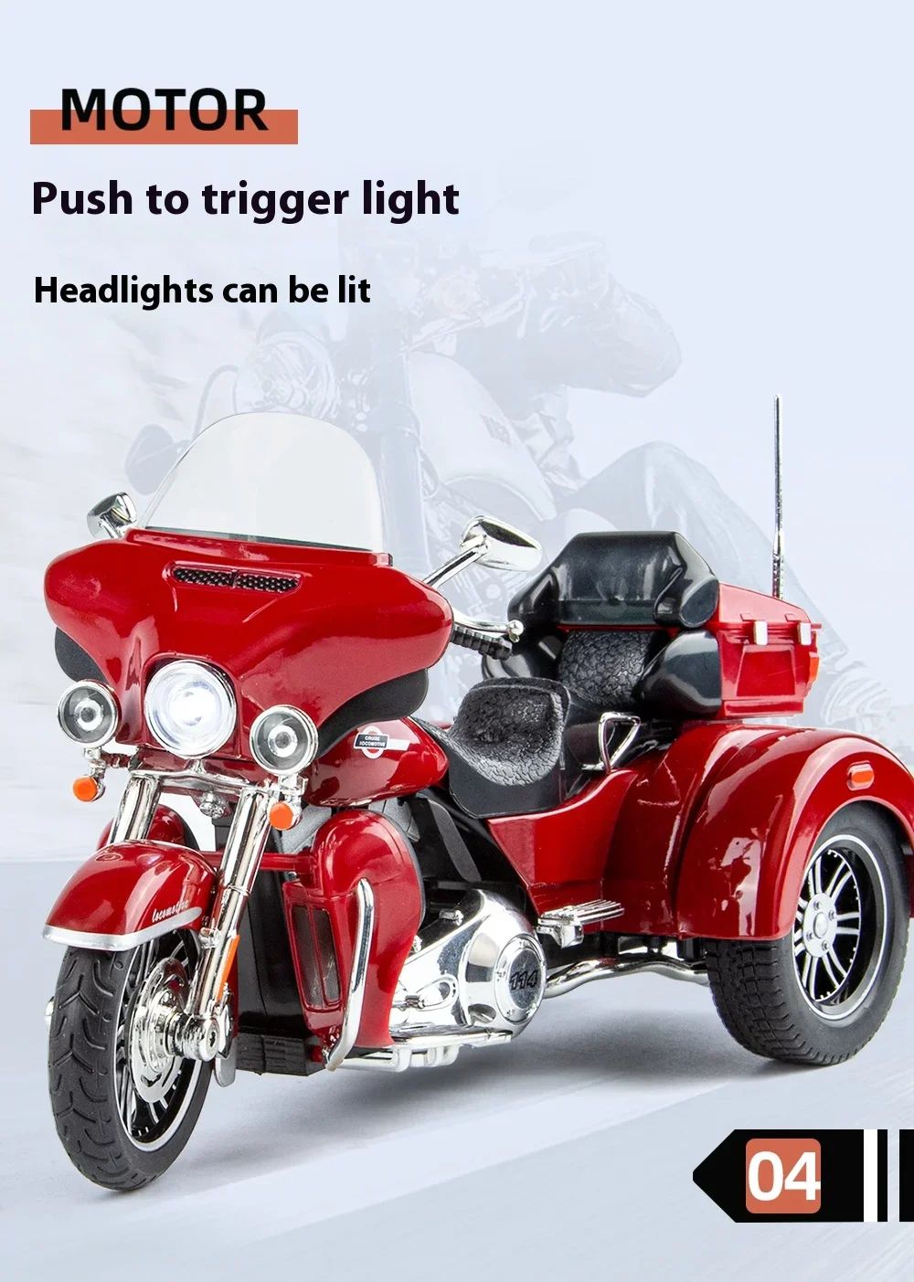 1:9 Harley D-vTRI GLIDE ULTRA Triciclo de Luxo em Liga Fundido Coleção Moto Brinquedo Luz e Som Decoração Presente