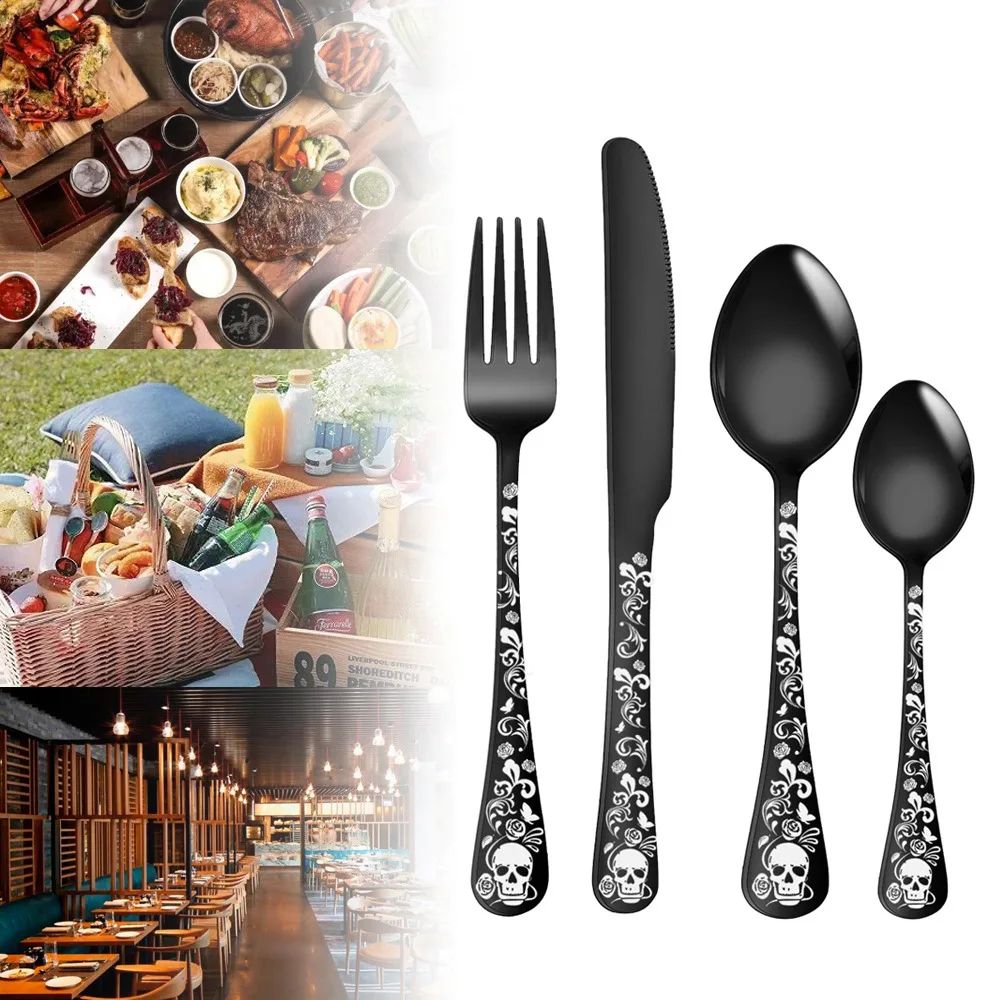 Presentes de Halloween Conjunto de talheres de aço inoxidável com caveira moderno Garfo e colher Conjunto de 4 peças Garfos de cozinha portáteis e
