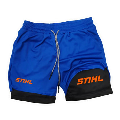 Men's Double Layer Fitness STIHL Shorts Drawstring Mesh Lining Elastic Waist Breathable Quick Dry to Beach Pool Summer Male