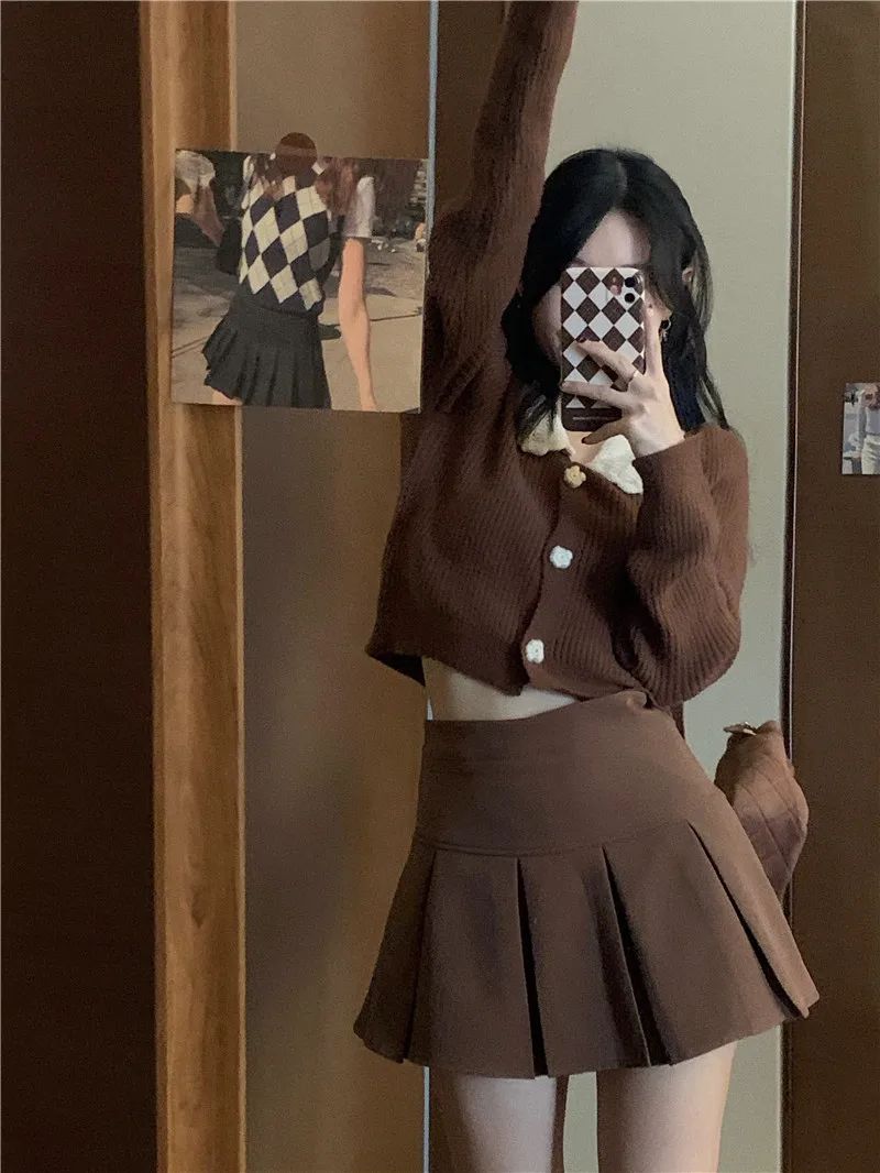 Vintage Brown Pleated Skirt Women Spring Summer Korean Style Y2K High Waisted A-line Mini Skirts Preppy Style Girls Causal