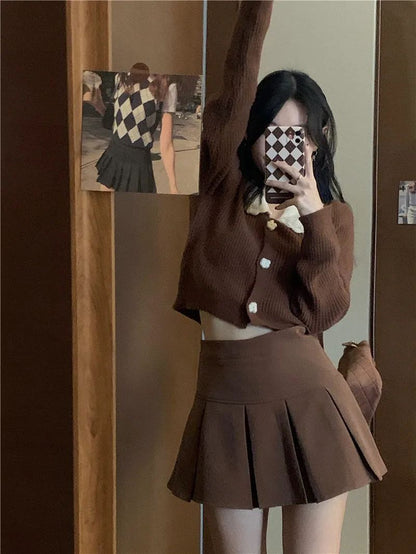 Vintage Brown Pleated Skirt Women Spring Summer Korean Style Y2K High Waisted A-line Mini Skirts Preppy Style Girls Causal