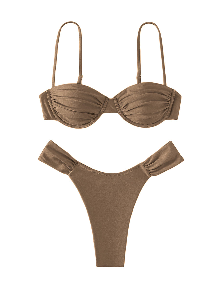 Women Padded Bikini Set Solid Color Pleated Sleeveless Bra+ Shorts Briefs Bikini For Women