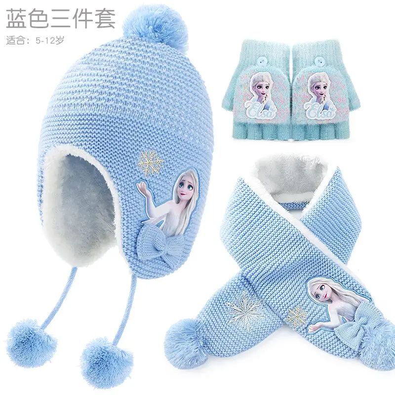 Conjunto infantil de gorro de lã e cachecol com animação da Elsa de Frozen da Disney, desenho animado, inverno, forro de veludo, espesso para manter aquecido