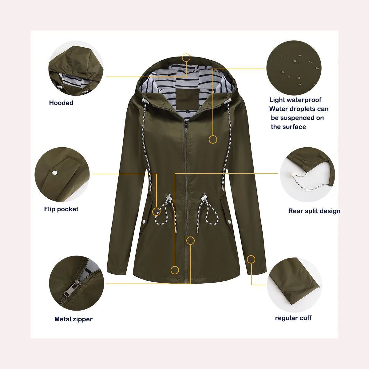 Blue Waterproof Hooded Jacket Women Fashion Casual Coat Waist Drawstring Tie Zipper Switch Red Green Yellow Black Windbreaker