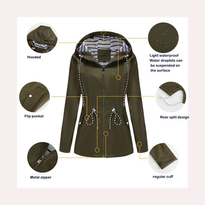 Blue Waterproof Hooded Jacket Women Fashion Casual Coat Waist Drawstring Tie Zipper Switch Red Green Yellow Black Windbreaker