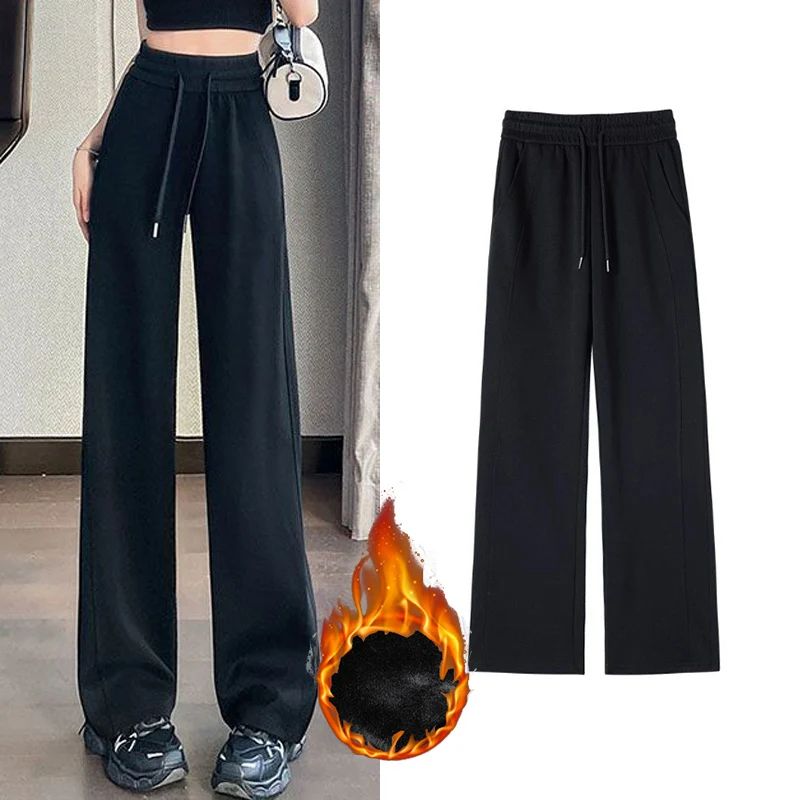 Winter Female Chic High Waist Straight Leg Thermal Pants Women Plush Casual Baggy Trousers Girls Snow Warm Fleece Pants