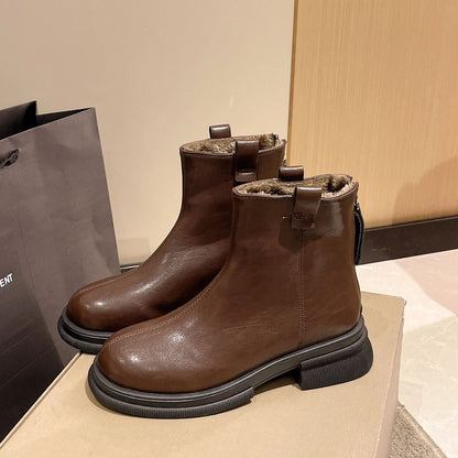 New Women Ankle Boots Fashion Female Square Heel Low-Heel Shoes Lady Boots Leather Woman Low-heel Keep Warm Ankle Boots Q109