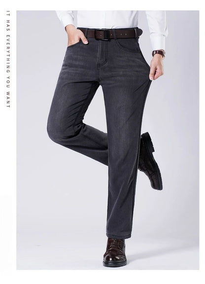 Men's Fleece Straight Leg Jeans Winter Thick Warm Business Casual Velvet Pants Elastic Loose Trousers Outdoorwear