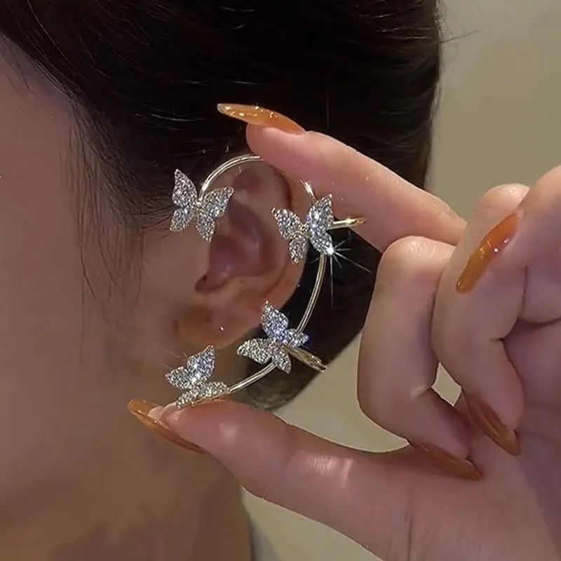 Brincos Borboleta de Metal Banhado a Prata Sem Furo para Mulheres Brilhantes Zircônia Fio de Orelha Clipe Brincos Joias de Casamento