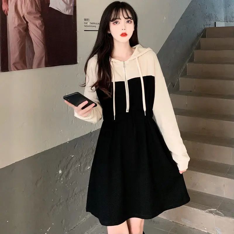 Plus Size Casual Color Blocking Hooded Slimming Dress Early Autumn New Style Drawstring Slim Fit Cropped Versatile Dress For Plu