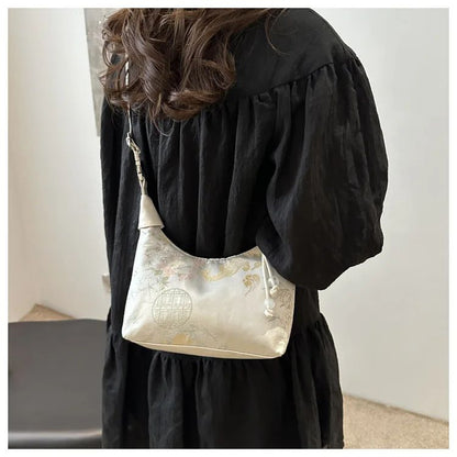 Sweet Embroidery Shoulder Bag Nylon Texture Pearl Pendant Crossbody Bag Small Bucket Handbag Women Canvas Luxury Cheongsam Bag