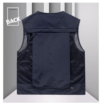 Colete Masculino de Malha com Vários Bolsos Secagem Rápida Sem Mangas Jaqueta Repórter Solto Casual Fino para Pesca Colete Masculino