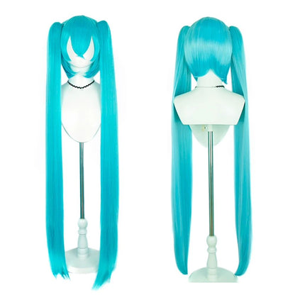 Peruca de Cabelo Sintético de Cosplay de Anime Miku de Alta Qualidade 116 cm de Comprimento com Rabo de Cavalo Duplo Destacável para Festa de Halloween e Carnaval Resistente ao Calor