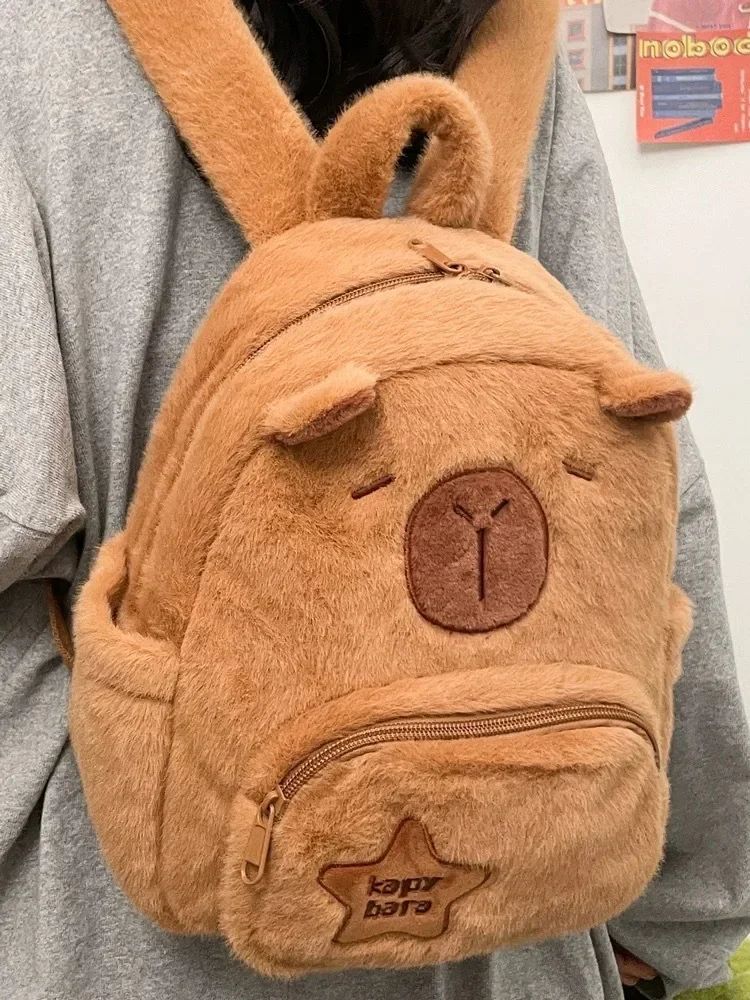 Mochila de Pelúcia Capivara Capibala para Estudantes, Mochila Casual de Pelo, Bolsa Escolar de Grande Capacidade