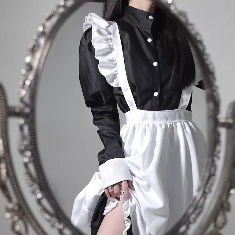 Japanese Style Maid Outfit Black White Long Dress Lolita Unisex Men Women Halloween Costume Uniform Full Set Adults Plus Size