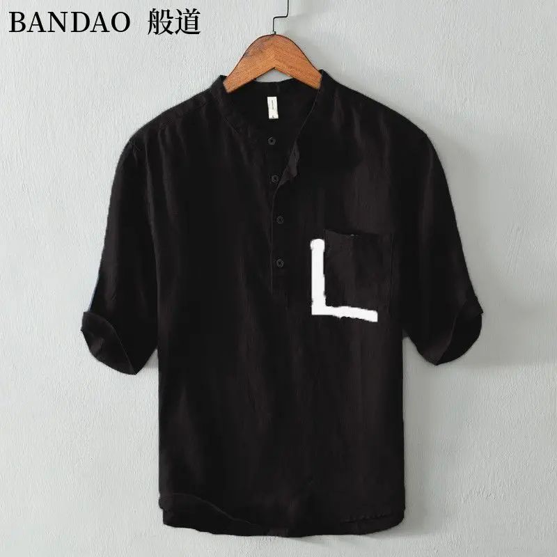 Chinese Style Spring and Summer Loose High-end Men's Linen Short-sleeved Cotton Linen Casual Breathable Shirt Collar T-shirt