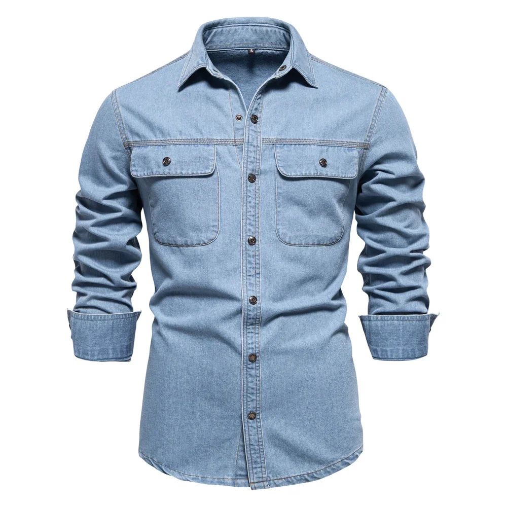 New Autumn 100% Cotton Men's Denim Shirts Solid Color Long Sleeve Cowboy Jean T-Shirt Coat Fashion Casual Fit Shirts for Men
