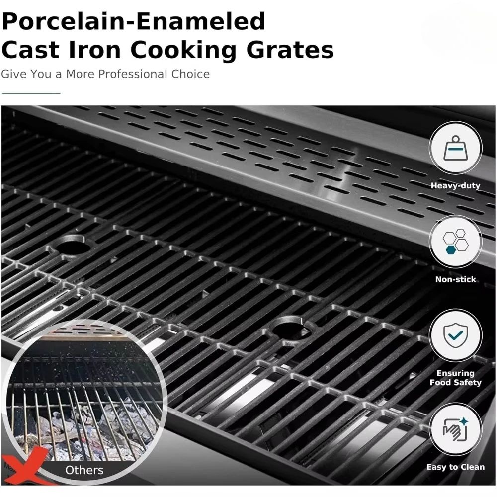 6-Burner Propane Gas Grill, Stainless Steel BBQ Grill with Side Burner and Porcelain-Enameled Cast Iron Grates