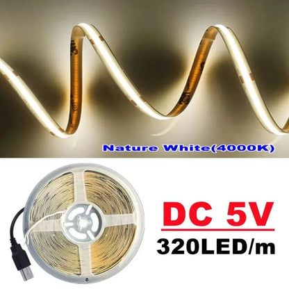 DC5V COB LED Light Strip With USB Power Supply Light 320LED/m High-Density Flexible LED Lamp 3000K/4500K/6500K COB Light Strip