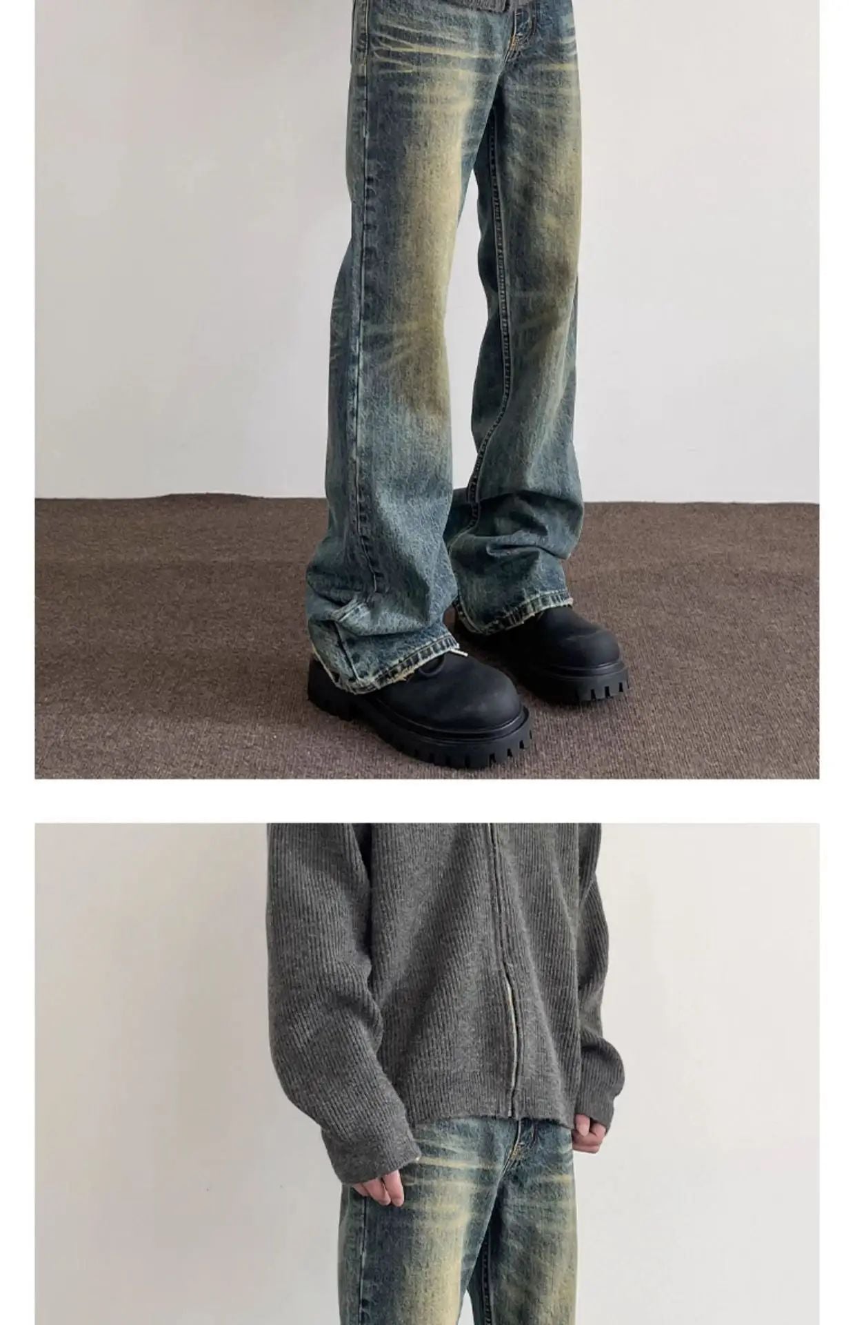 Vintage American Style Men's Straight-Leg Slimming Long Jeans Distressed Washing Denim Pants Trendy Brand Bootcut Pants