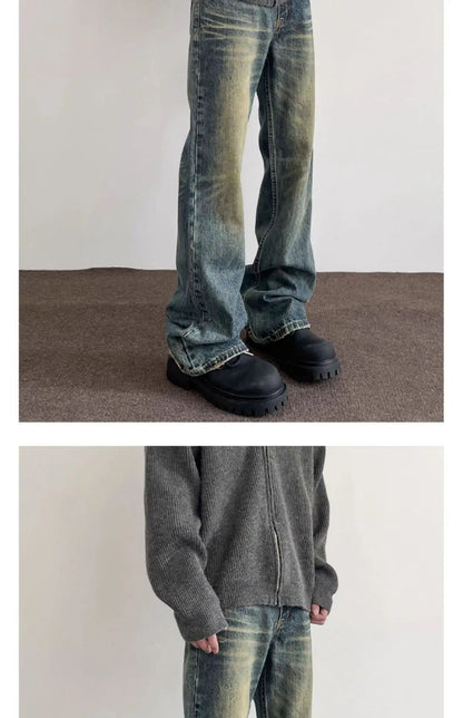 Vintage American Style Men's Straight-Leg Slimming Long Jeans Distressed Washing Denim Pants Trendy Brand Bootcut Pants